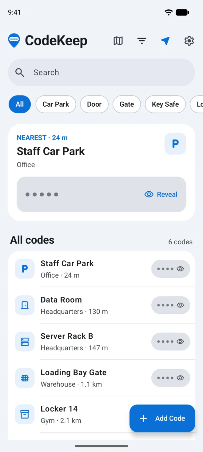 CodeKeep on Android showing the nearest code and all codes