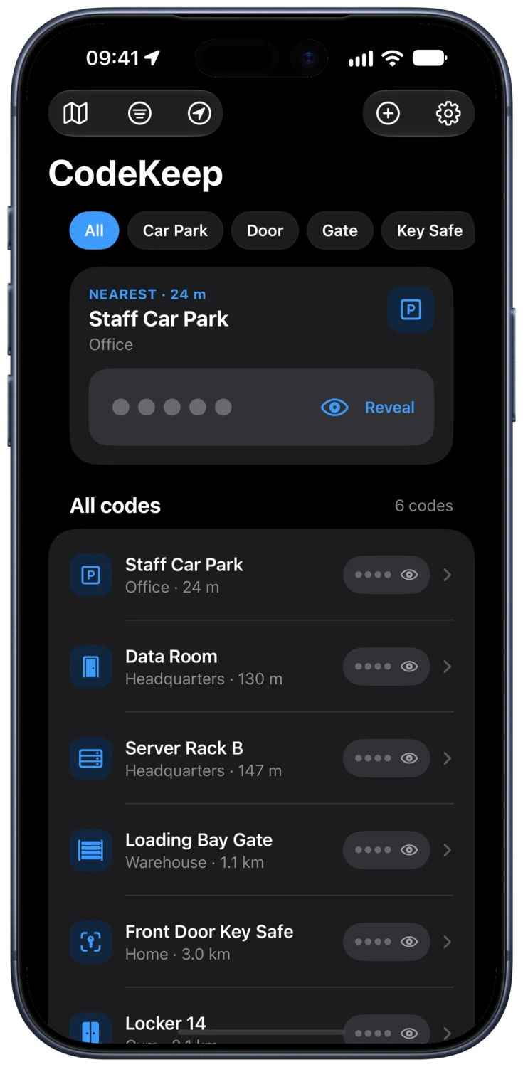 CodeKeep on iPhone showing the nearest code and all codes